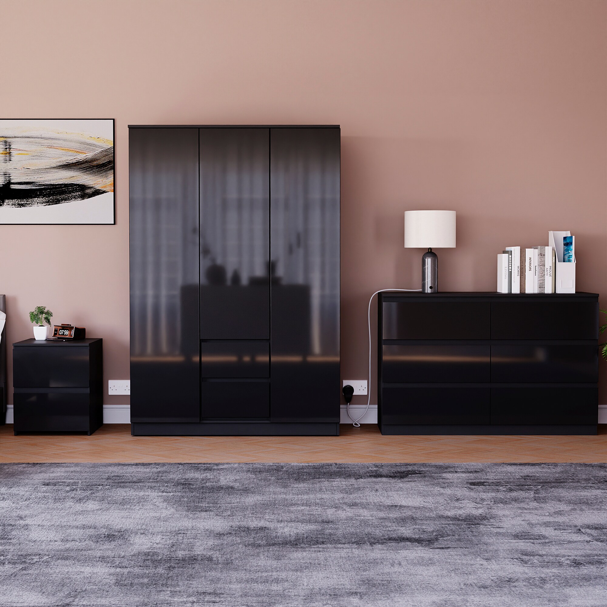 Vida Designs Glinton 3 Piece FSC Certified Bedroom Set (2 Drawer Bedside Chest, 6 Drawer Chest, 3 Door 2 Drawer Wardrobe), Black Black Black L 3