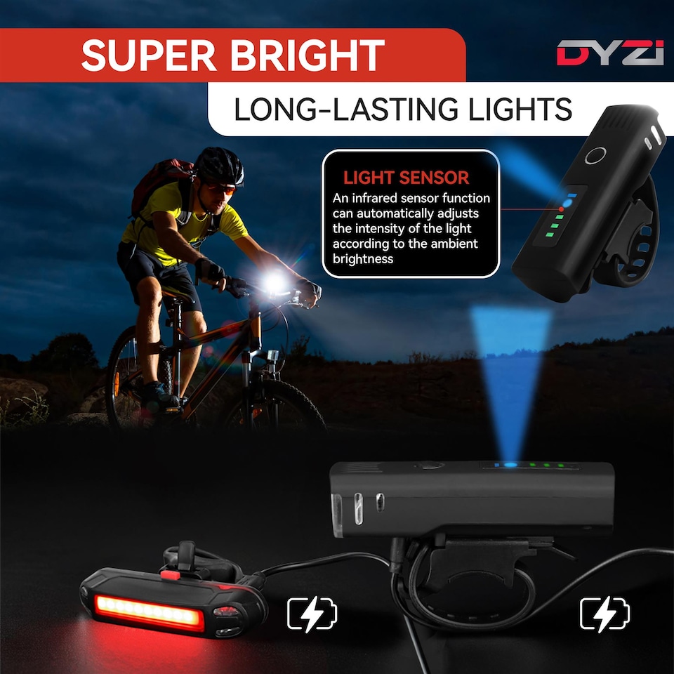 image 1 of Dyzi Bike Bicycle Light Set USB Rechargeable 4 Modes with Daylight Sensor By DYZI