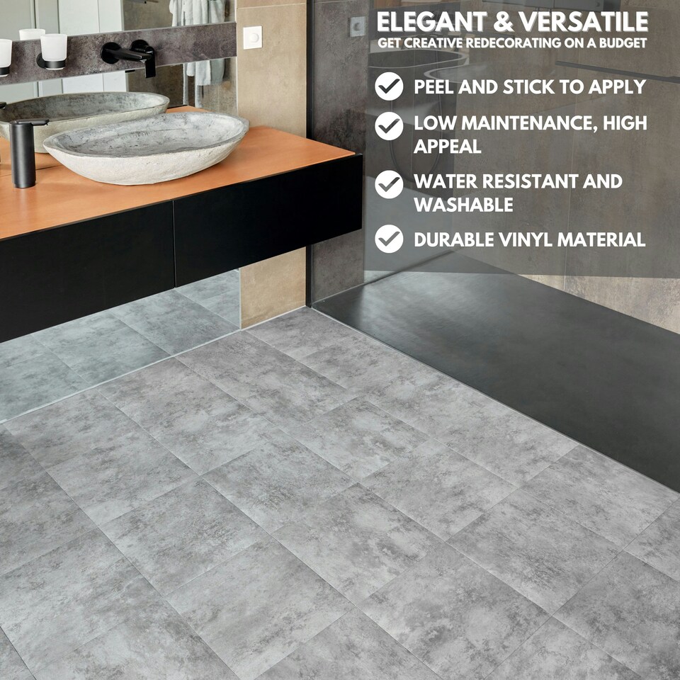 image 1 of NOVECRAFTO Vinyl Floor Tiles Self Adhesive – 12x12in Peel and Stick Flooring for Kitchen, Bathroom & Living Room – Grey Granite Effect Design Grey | 4.65 sqm