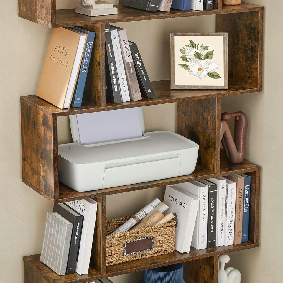 image 1 of Alivio 5 Tier Wooden S-Shaped Bookcase Living Room Modern Display Shelves Storage Brown