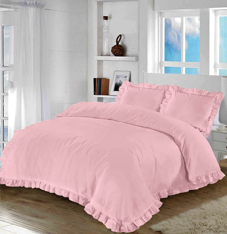 Homes Linen Santiago Frilled Edge Duvet Cover Set with Pillowcases Easy Care Polycotton Ruffle Bedding Set | Clear | Blush Pink | King