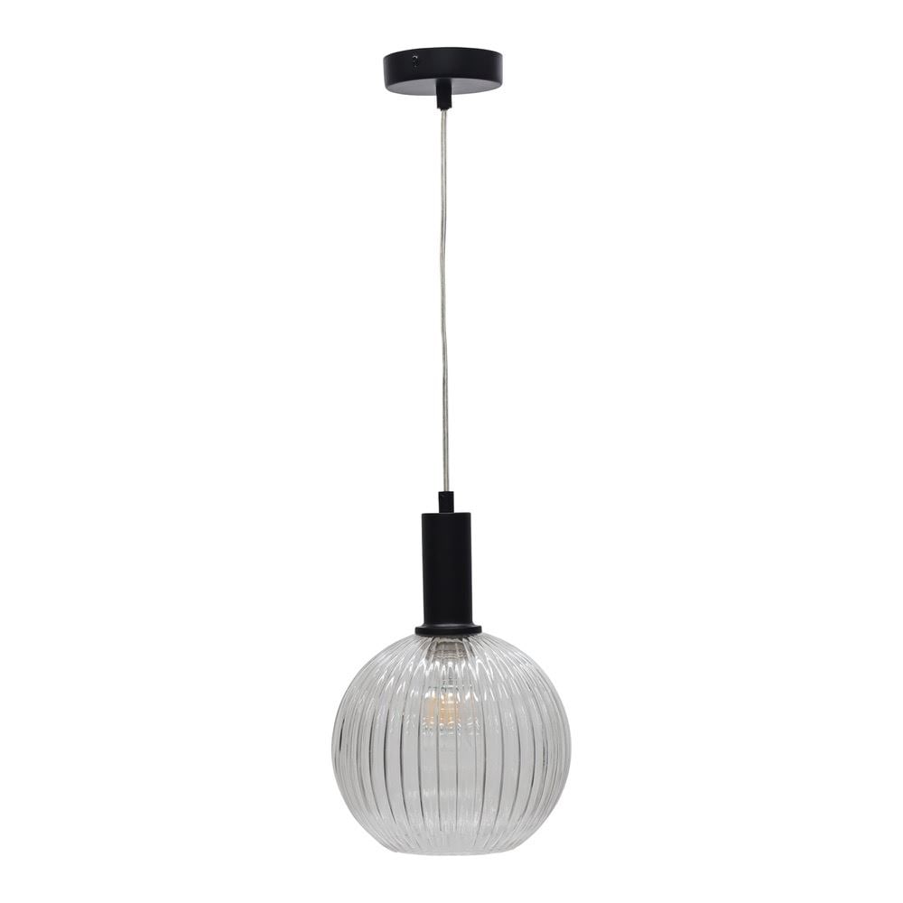 First Choice Lighting Betchley - Clear Ribbed Glass Globe Black Deco Pendant Fitting