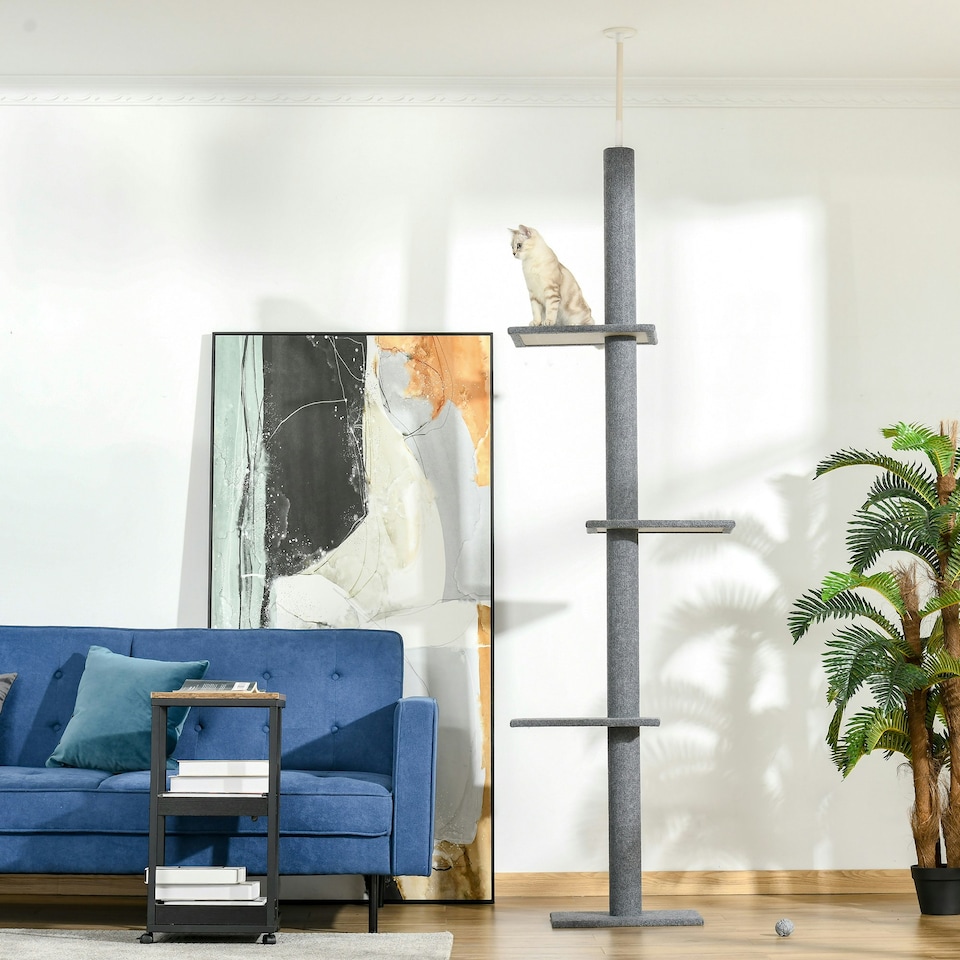 image 1 of PawHut 260cm Cat Tree Floor To Ceiling Adjustable Height, Grey