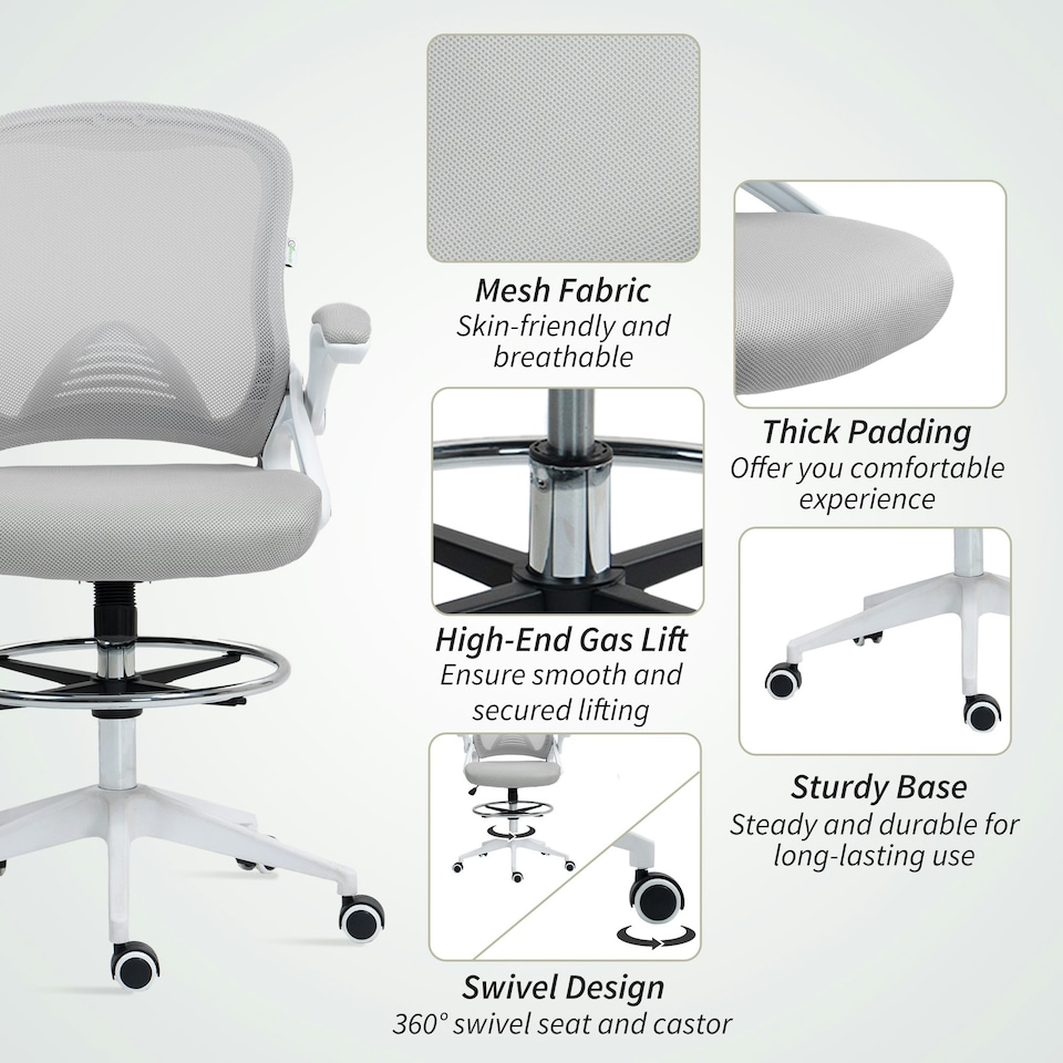 image 1 of Vinsetto Office Stool, 360 Degree Swivel Height Adjustable Chair, Light Grey 