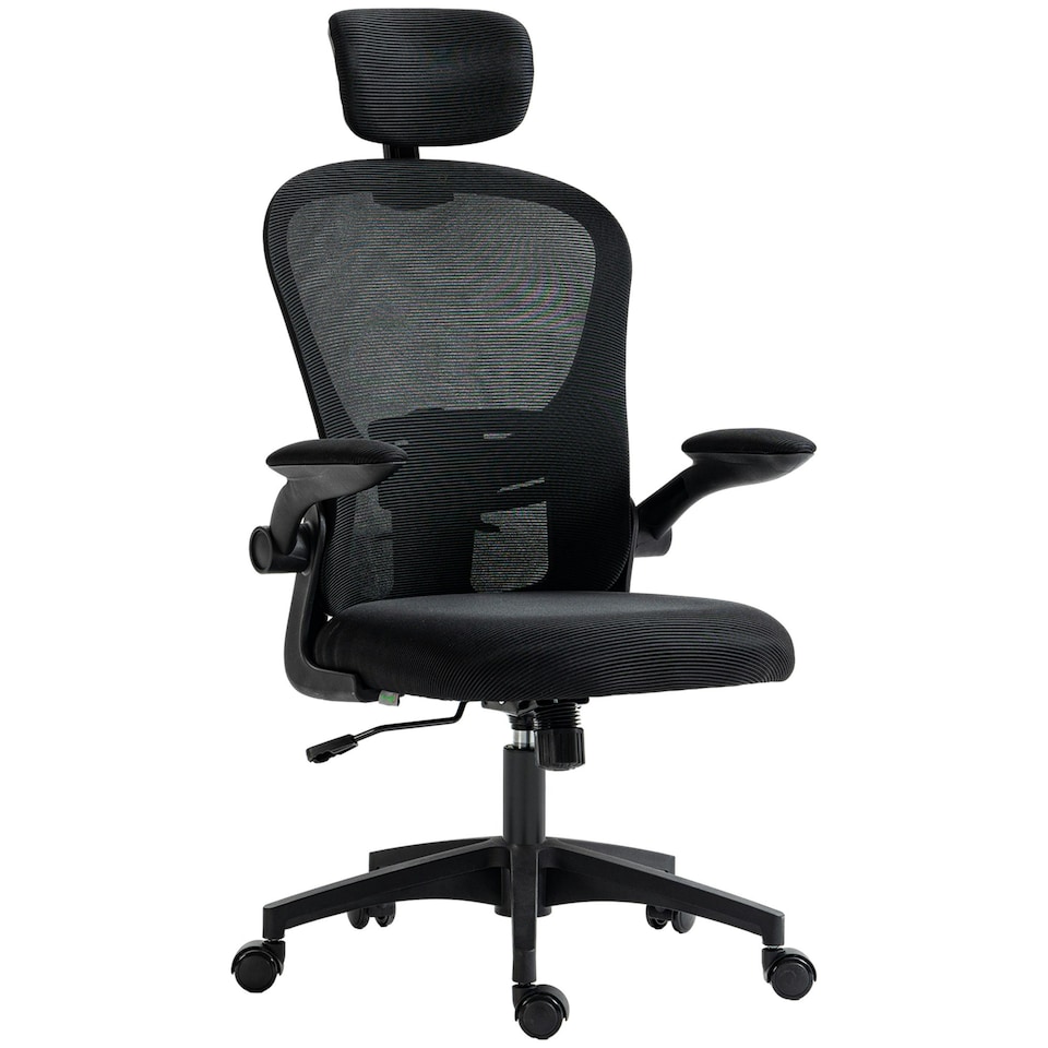 image 1 of Vinsetto Mesh Chair with Headrest, 4D Lumbar Support, Flip-up Arm, Black | Black | One Size