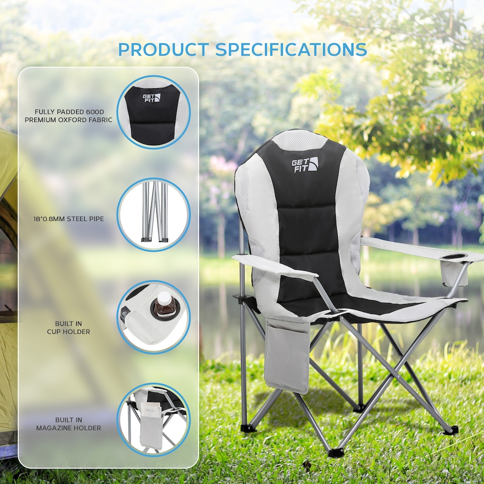 image 1 of Get Fit Premium Folding Camping Chair - Thick Padded With Magazine Pocket, Cup Holder & Carry Bag - Lightweight 3Kg - Capacity 130Kg - 2 Pack | Grey | Black / Grey | 2