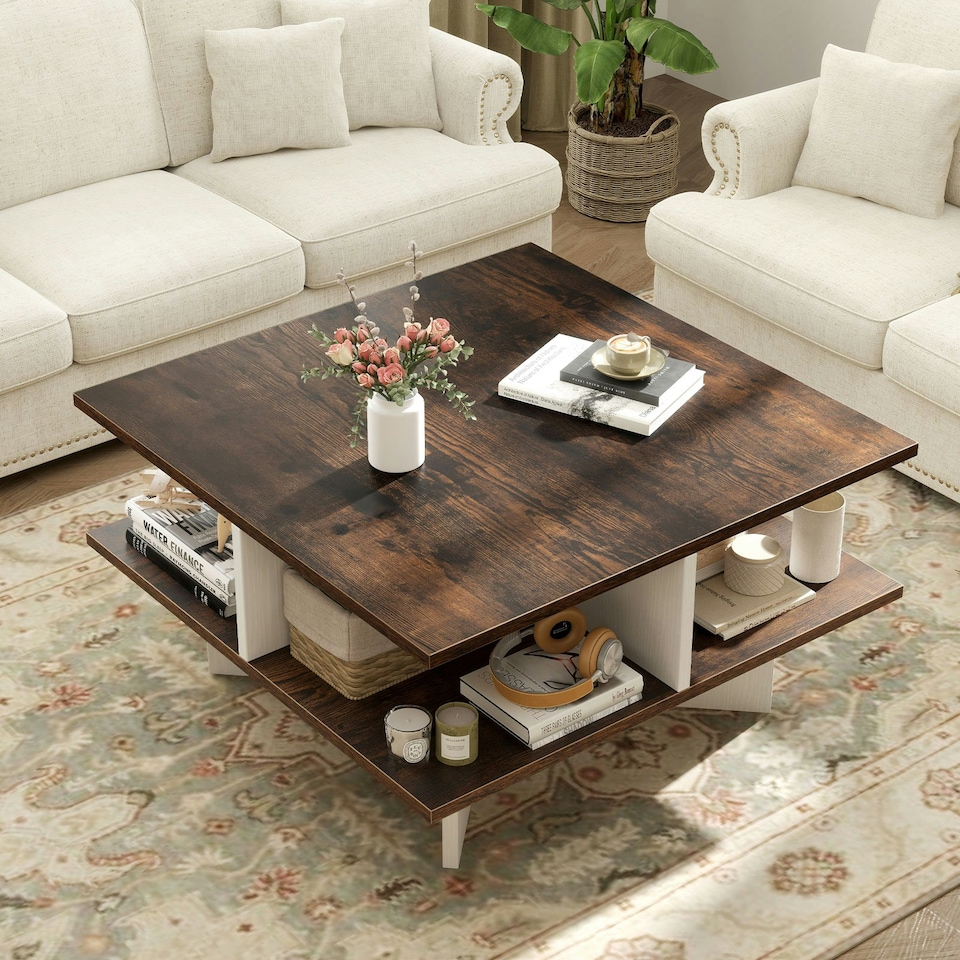image 1 of COSTWAY 2-Tier Square Coffee Table 60cm Center Table Brown