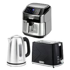 GEEPAS 1.7L Illuminating Electric Kettle 2 Slice Bread Toaster & 9.2L Digital Air Fryer Combo Kitchen Set Black
