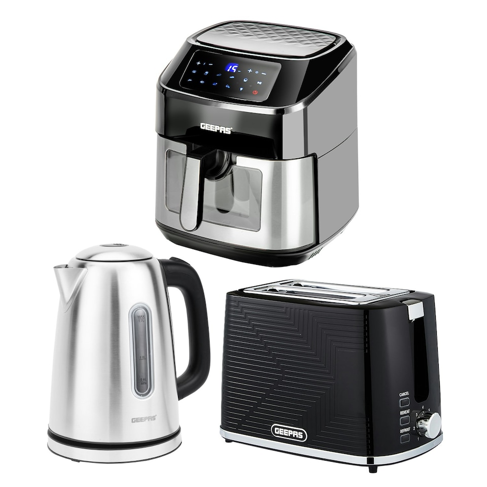 GEEPAS 1.7L Illuminating Electric Kettle 2 Slice Bread Toaster & 9.2L Digital Air Fryer Combo Kitchen Set Black