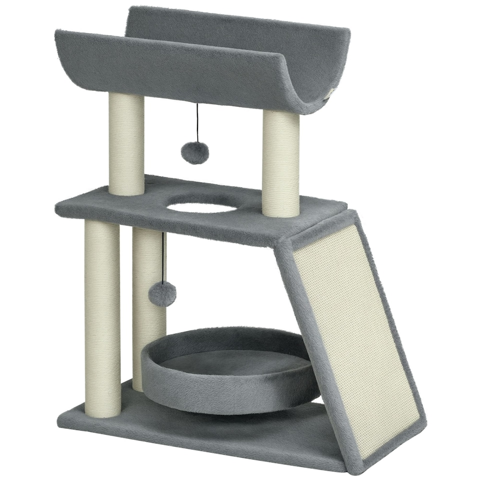 image 1 of PawHut Cat Tree Kitten Tower with Scratching Post Bed Perch Toy, Light Grey
