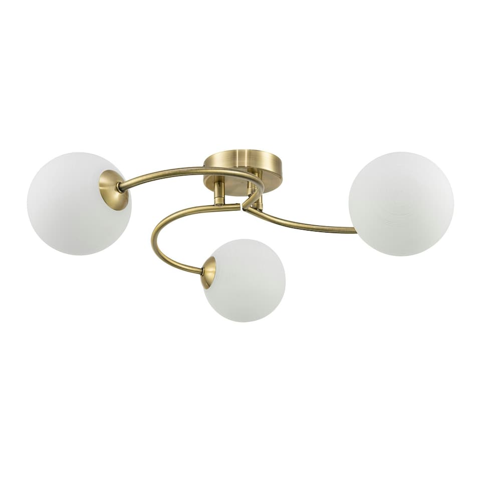 image 1 of Modern 3-Arm Antique Brass Ceiling Light with Opal Swirl Glass Spherical Shades
