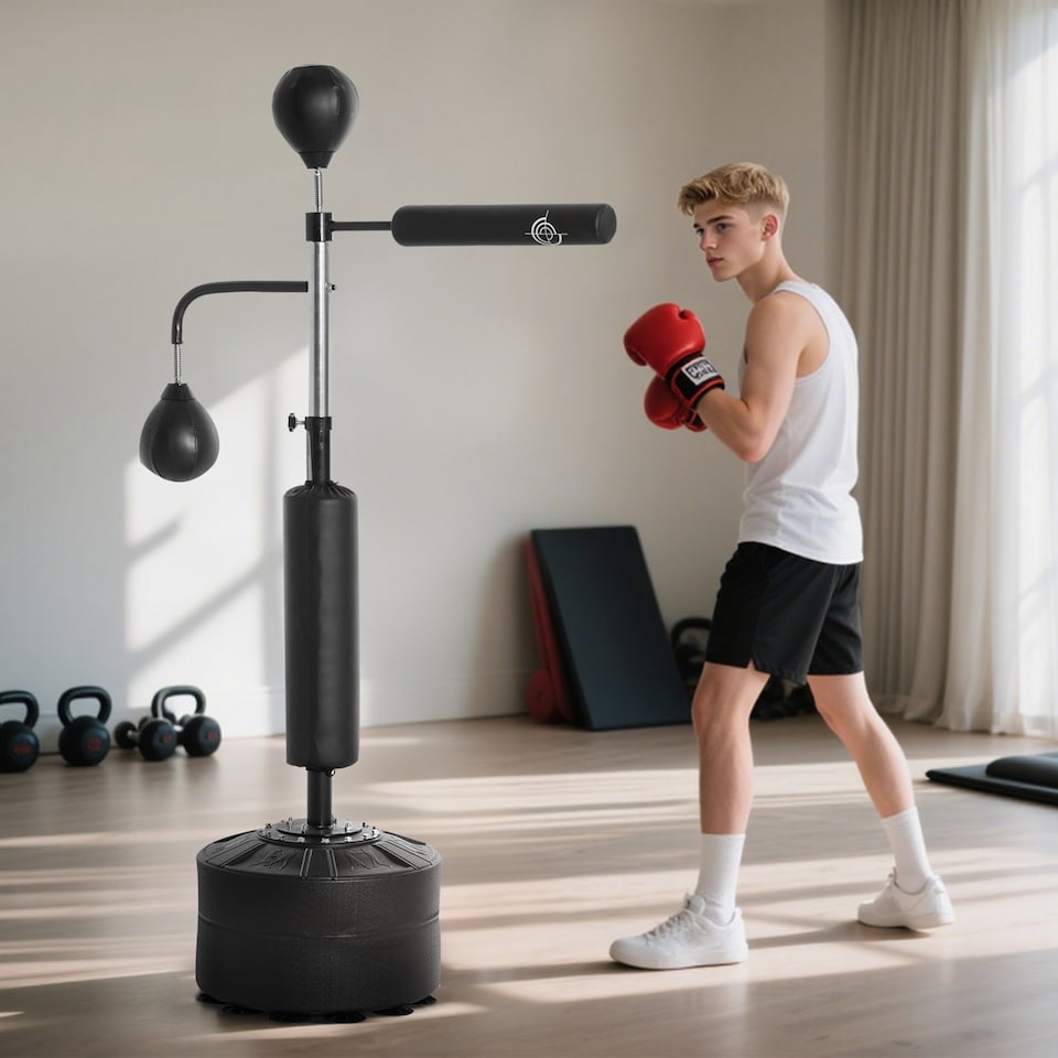 image 1 of HOMCOM Boxing Punching Bag Free Standing with 2 Speed Balls, Relax Bar, Boxing Bag and Fillable Base, Adjustable Height | Black | Black