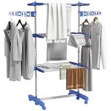 HOMCOM 3-Tier Clothes Airer, Stainless Steel Foldable Clothes Drying Rack with Wheels and Wings, Indoor and Outdoor, Easy Assembly, 142 x 55 x 152cm, Blue
