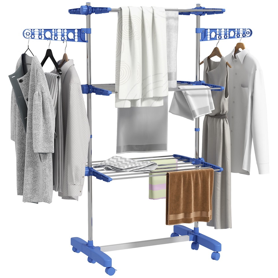 image 1 of HOMCOM 3-Tier Clothes Airer, Stainless Steel Foldable Clothes Drying Rack with Wheels and Wings, Indoor and Outdoor, Easy Assembly, 142 x 55 x 152cm, Blue