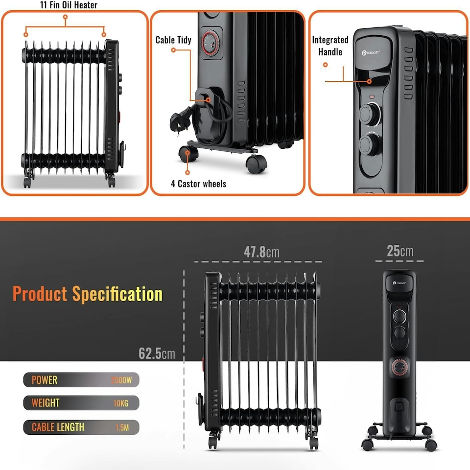 image 1 of PureMate 2500W Oil Filled Radiator, 11 Fin Portable Electric Heater with Adjustable Thermostat, 24hr Timer & 3 Heat Settings