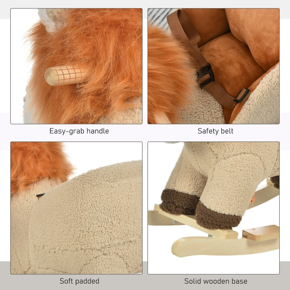 image 1 of HOMCOM Kids Rocking Lion Plush Ride On Seat w/ Sound Button Wood Base Seat Belt
