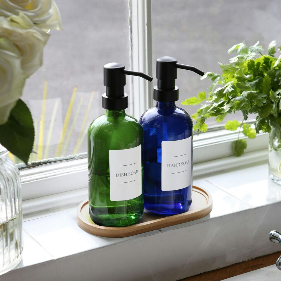 image 1 of Harbour Housewares 2pc Glass Soap Dispenser Set with Bamboo Tray & Labels - 500ml - Blue/White