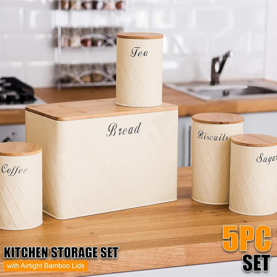 image 1 of 6Pcs Kitchen Storage Canister Jars with Can Opener Airtight Bamboo Lid Tea Coffee Sugar Bread Tins Set