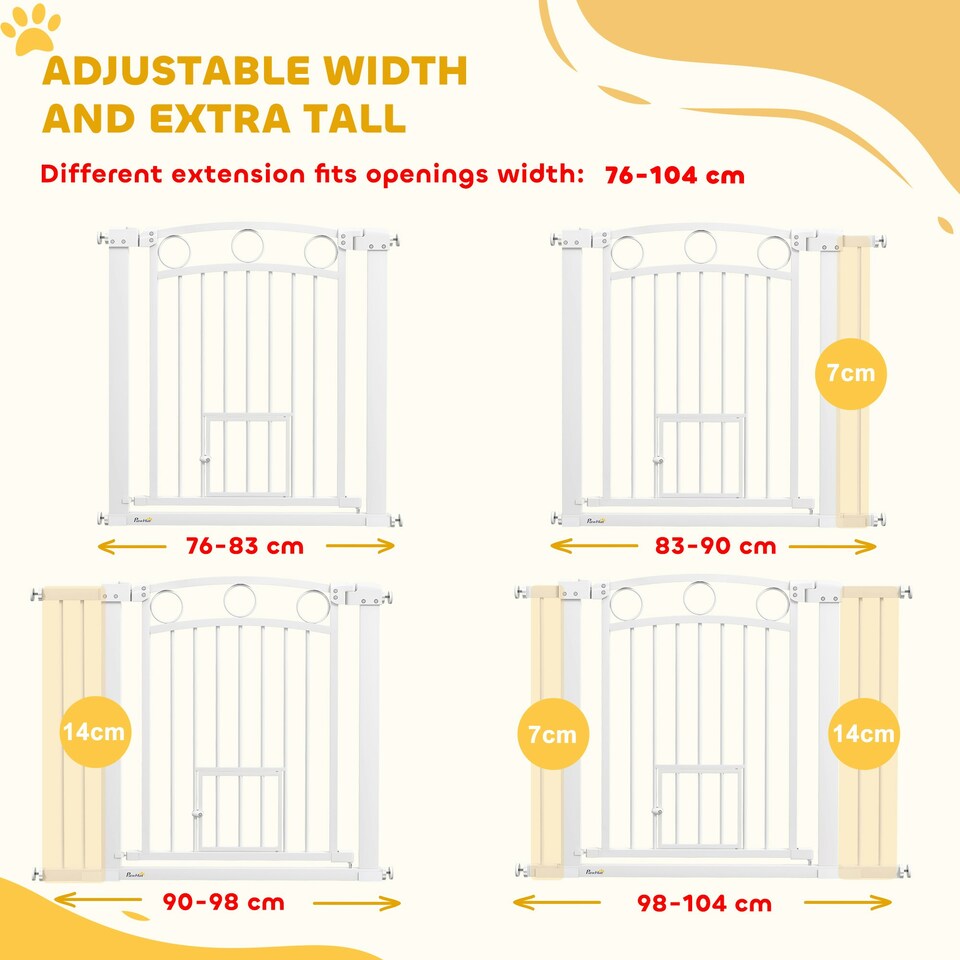 image 1 of PawHut Stair Gate with Cat Door, Adjustable Width, 76-104cm and 77cm Tall