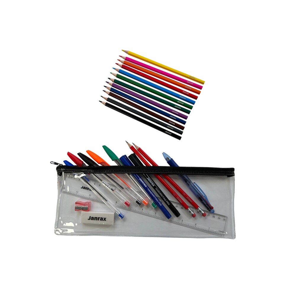 image 1 of Stationery Filled Black Zip 13x5" Pencil Case with Colouring Pencils
