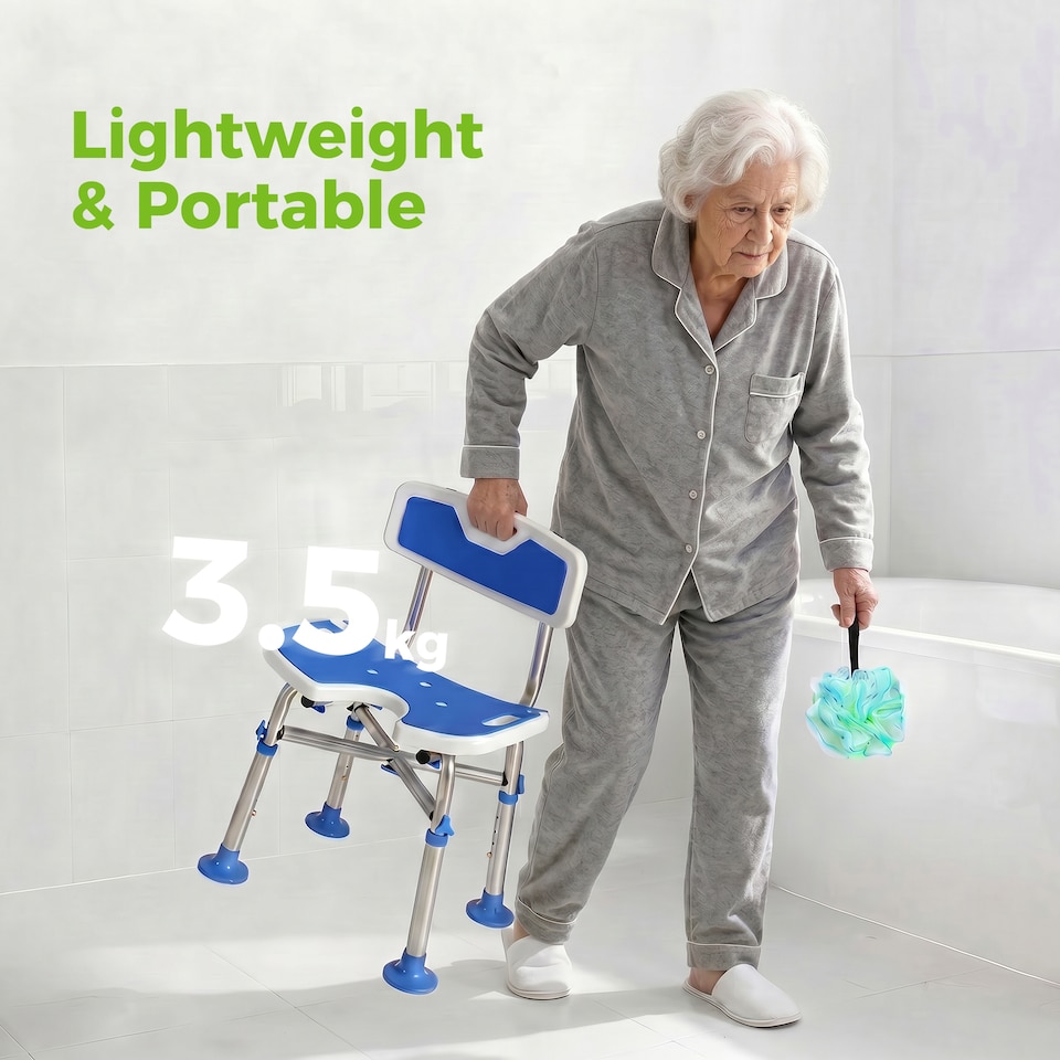 image 1 of HOMCOM Shower Chair with U-Shaped Cutout, Height Adjustable Shower Chair | Blue | Blue and White | 48 x 47.5 x 72-82 cm