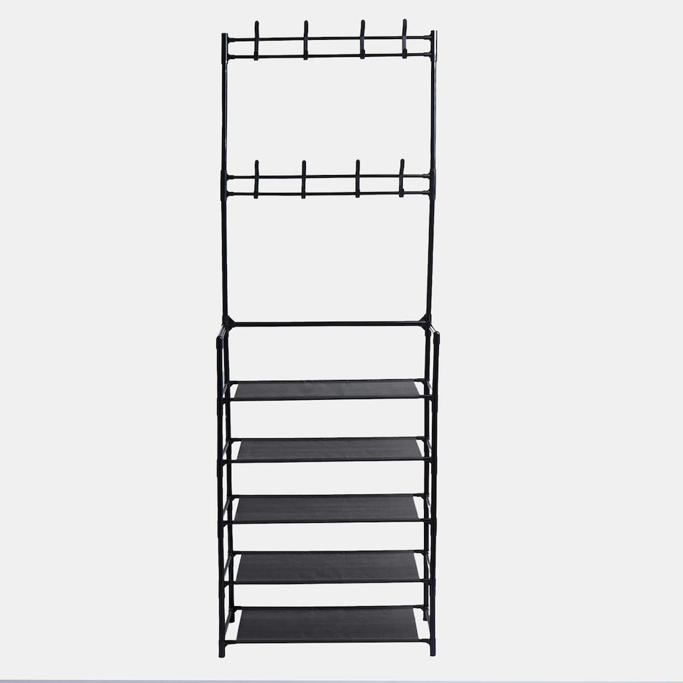 image 1 of OHS 16 Hook 5 Tier Shelving Organiser Wire Rack Storage Unit - Black