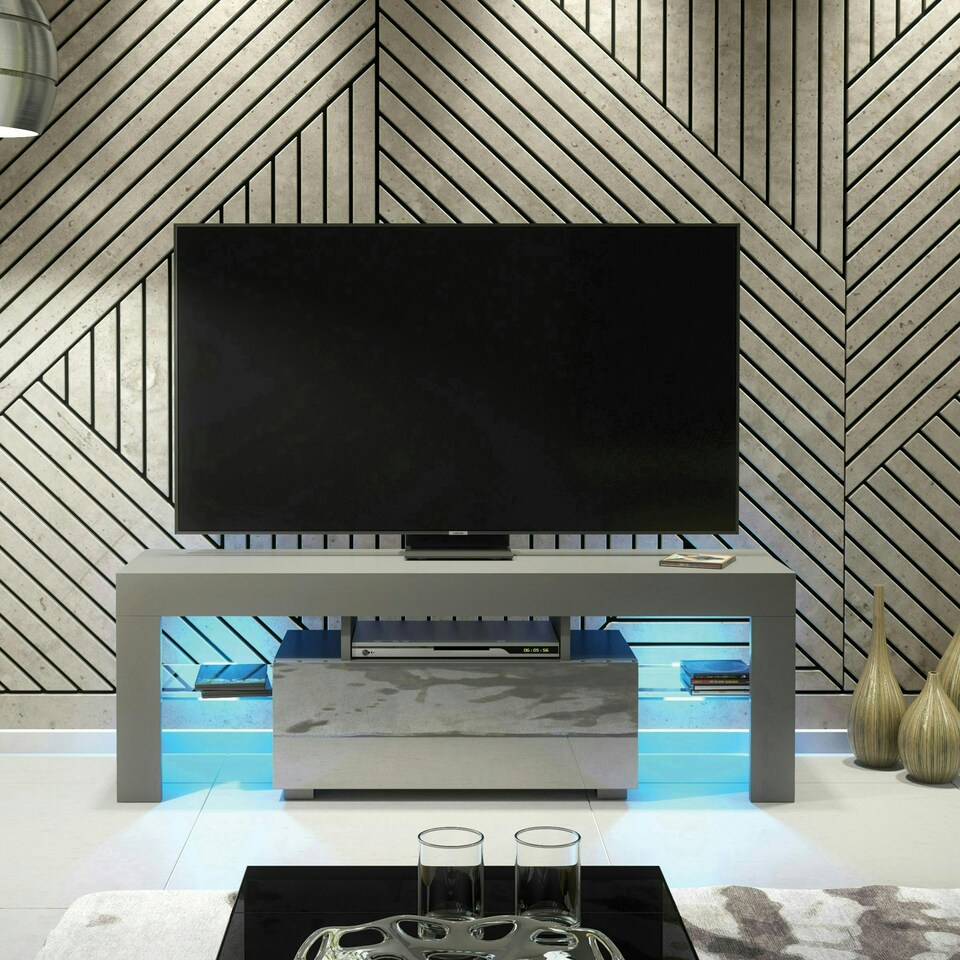 image 1 of TV Unit 130cm Grey Gloss Door Grey Matt Body with Glass Sides Free LED Grey