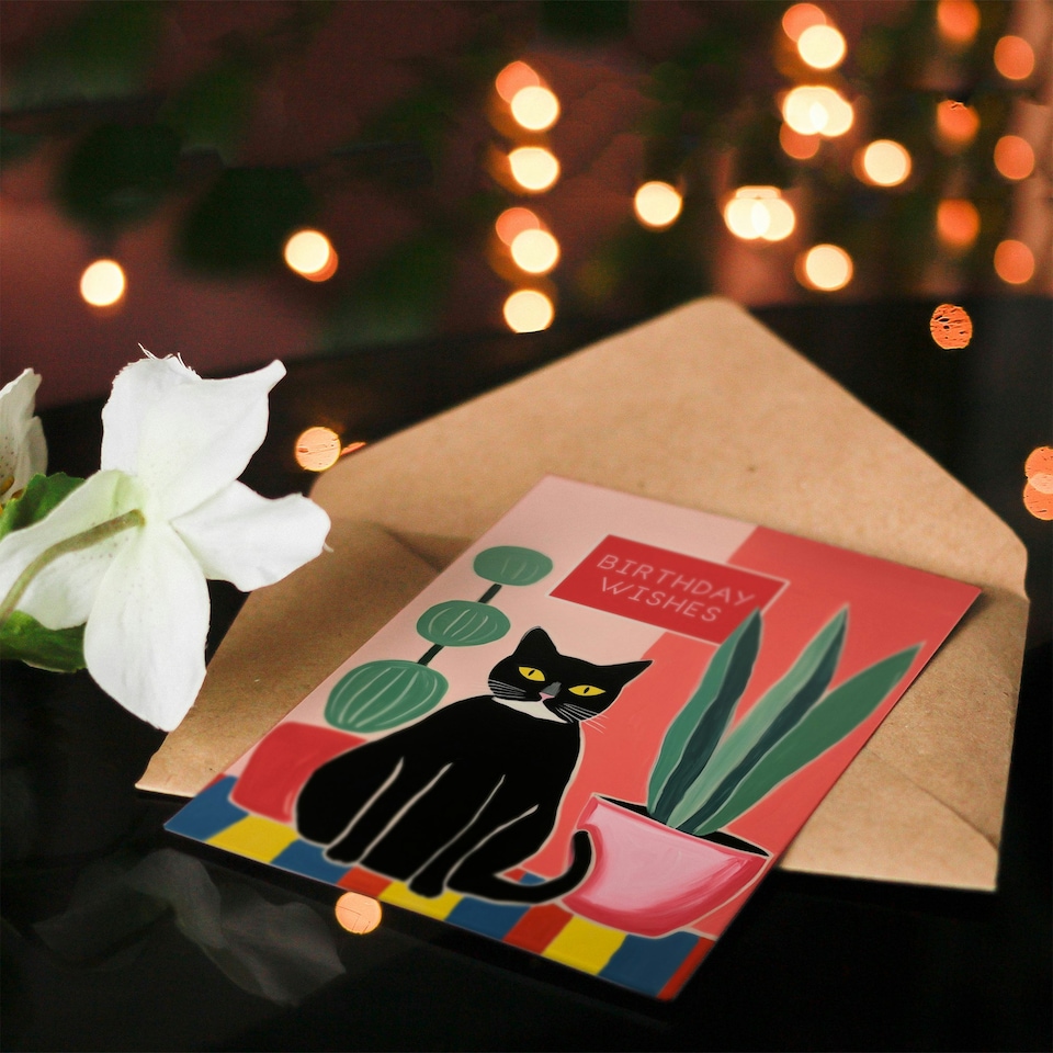 image 1 of Black Cat Lover Plants Wishes For Him Her Birthday Card