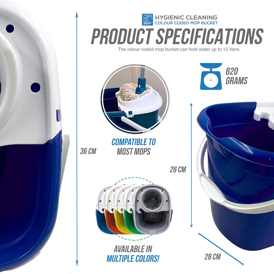 image 1 of Colour Coded Mop Bucket with Removable Wringer 12L Heavy Duty Plastic Cleaning Bucket for Home Kitchen and Catering