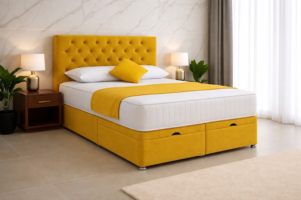 image 1 of 5ft Kingsize Lift Up Ottoman Mustard Plush Chesterfield Bed Set Headboard and Mattress