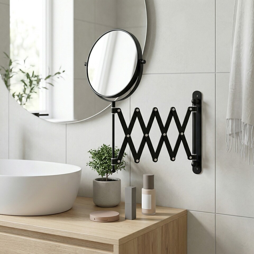 image 1 of BESLAGSBODEN Matt Black Double Sided Bathroom Mirror with Retractable Arm