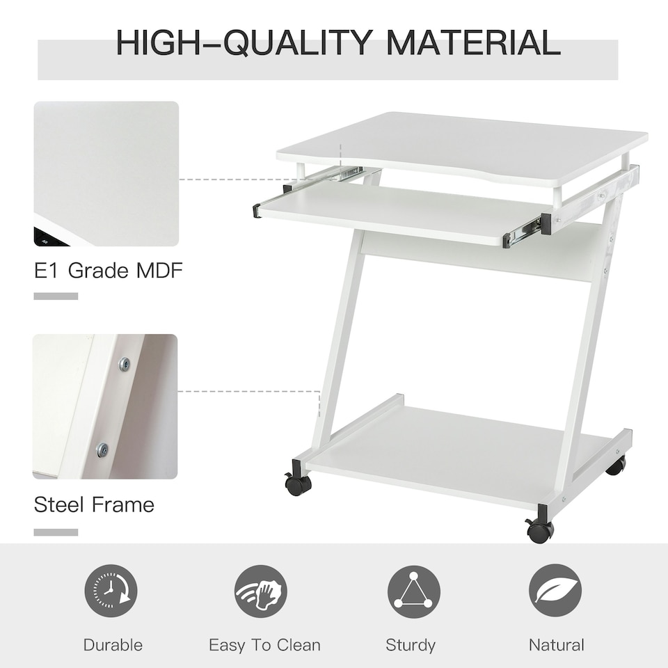 image 1 of HOMCOM Movable Computer Desk with 4 Moving Wheels Sliding Keyboard Tray White