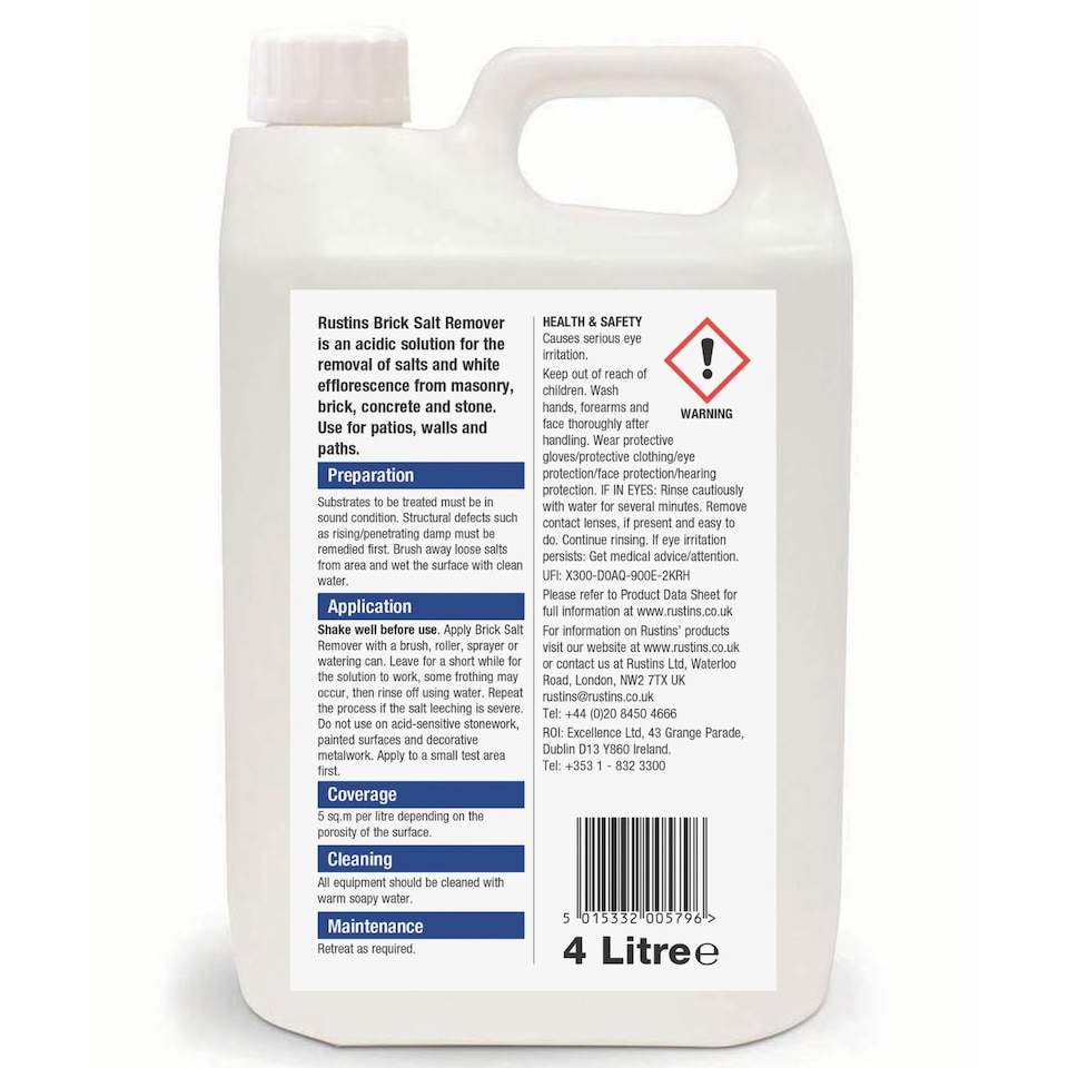 image 1 of Rustins Brick Salt Remover 4L Ready to Use Removes Salt & White Efflorescence