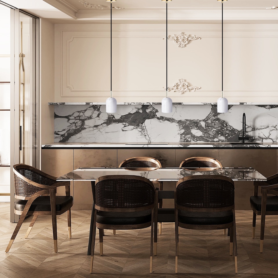 image 1 of White Marble Pendant Lamp Fitting in Scandinavian Design with Black Fabric Cable | White