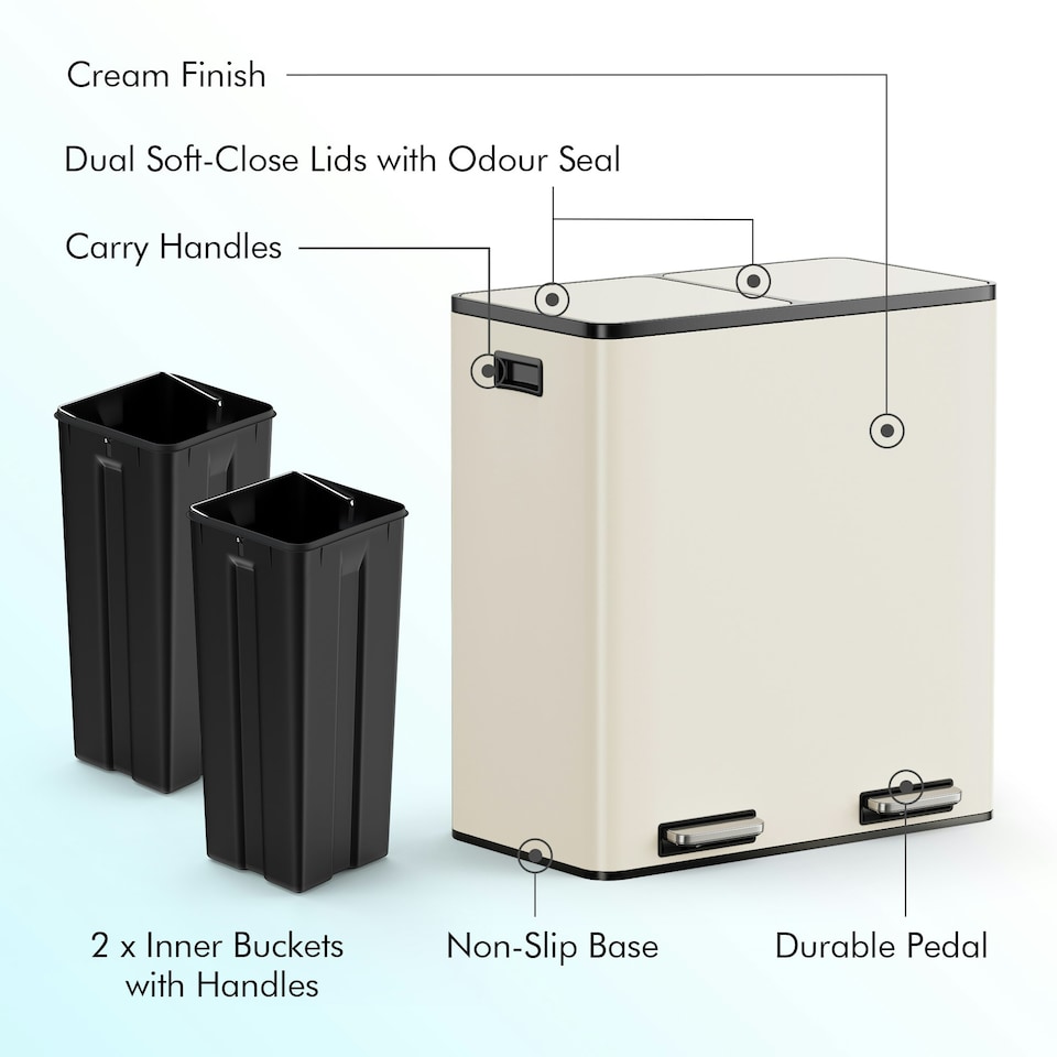 image 1 of VonHaus 60L Cream Kitchen Bin, Large 2 Compartment Recycling Bin (2 x 30L) Cream