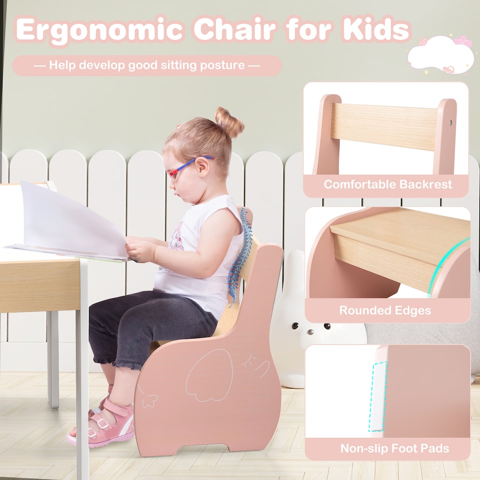 image 1 of COSTWAY Wooden Kids Table and Chair Set with Storage Pink