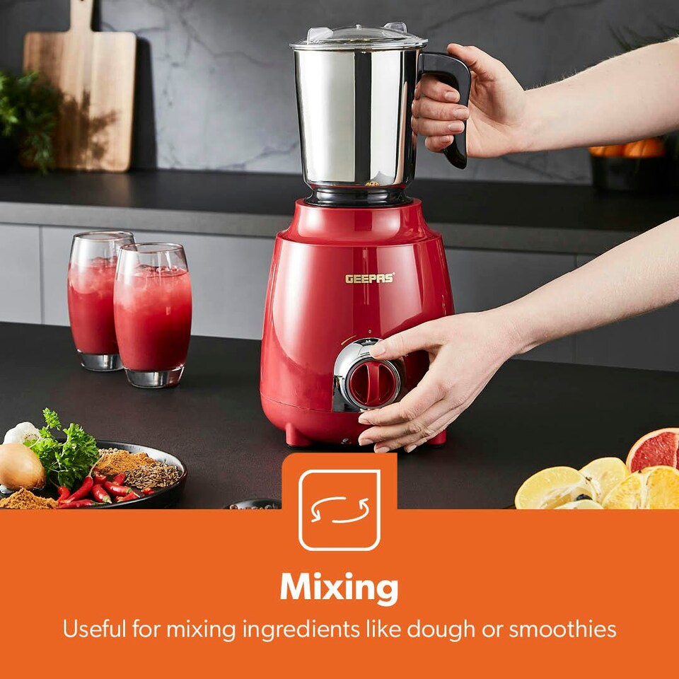 image 1 of GEEPAS 600W 3-in-1 Mixer Grinder | Stainless Steel Jars, Blades Red