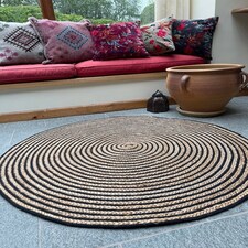 CHAKKAR DARK Stripe Round Rug Braided in Beige Black - Jute - L150 x W150 - Beige/Black Black