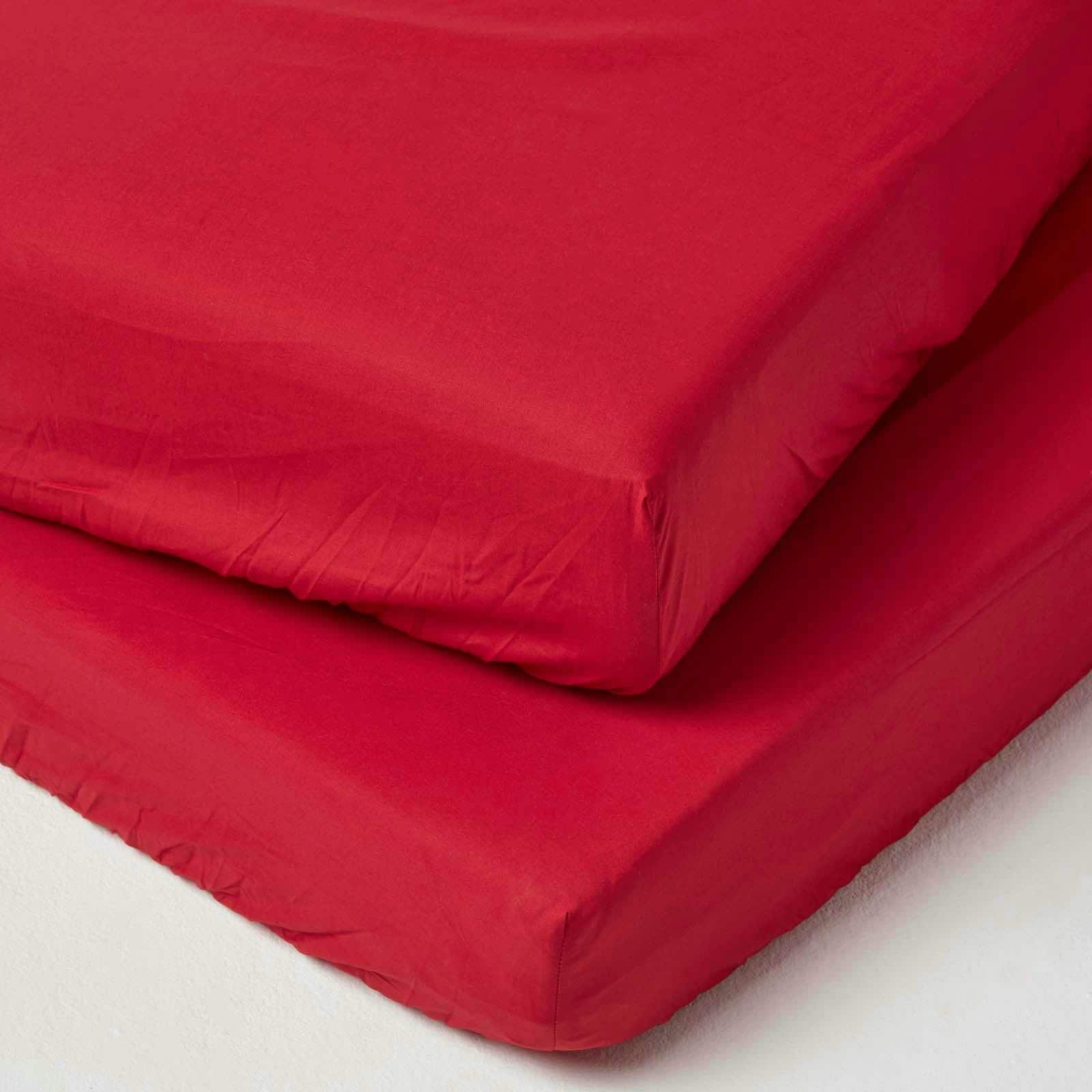 Homescapes Red Cotton Fitted Cot Sheets 200 Thread Count, 2 Pack Red One Size