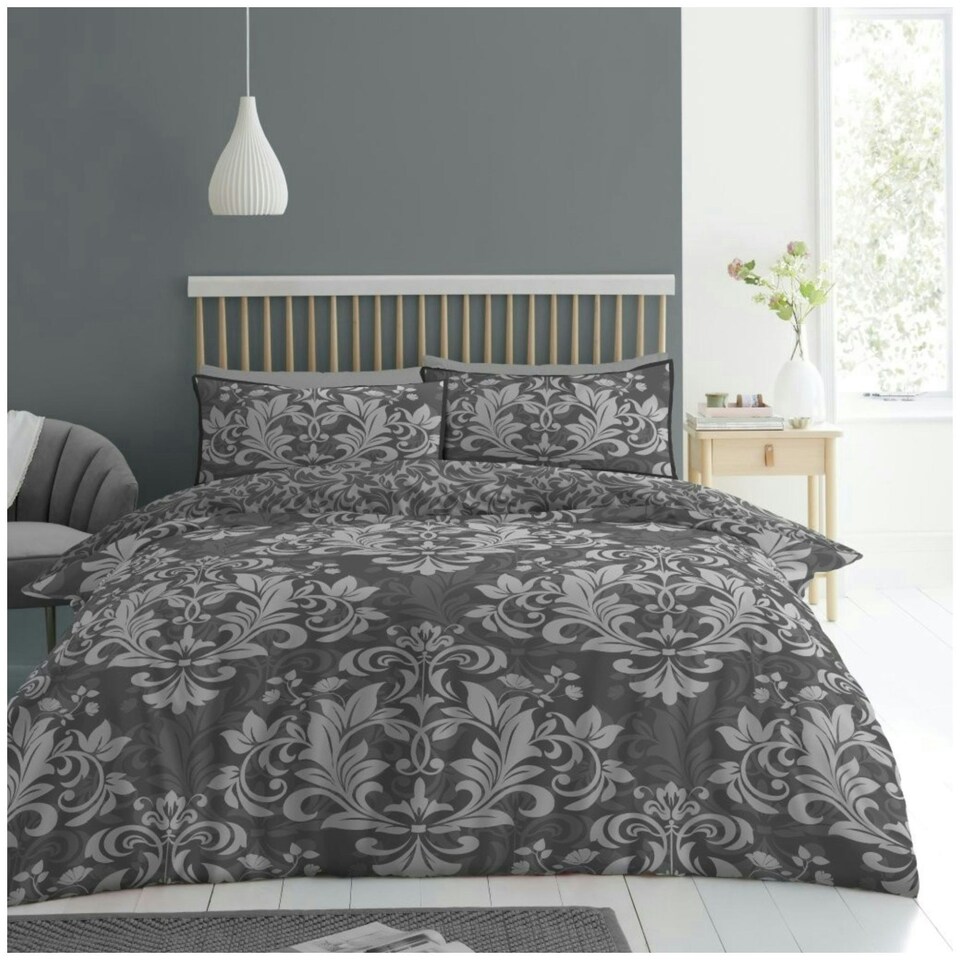 image 1 of VELVETIO Ananias Damask Complete Duvet Cover Set with Fitted Sheet Printed Bedding Quilt Grey | Double