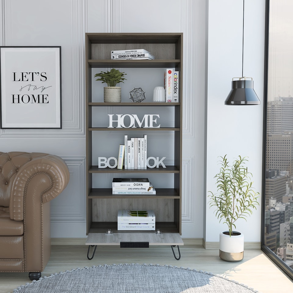 image 1 of Nevada Large Four Shelf Display Bookcase With Storage - Grey and Bleached Oak Effect with Industrial Metal Accents | Brown | Grey & Bleached Oak | One Size | 1