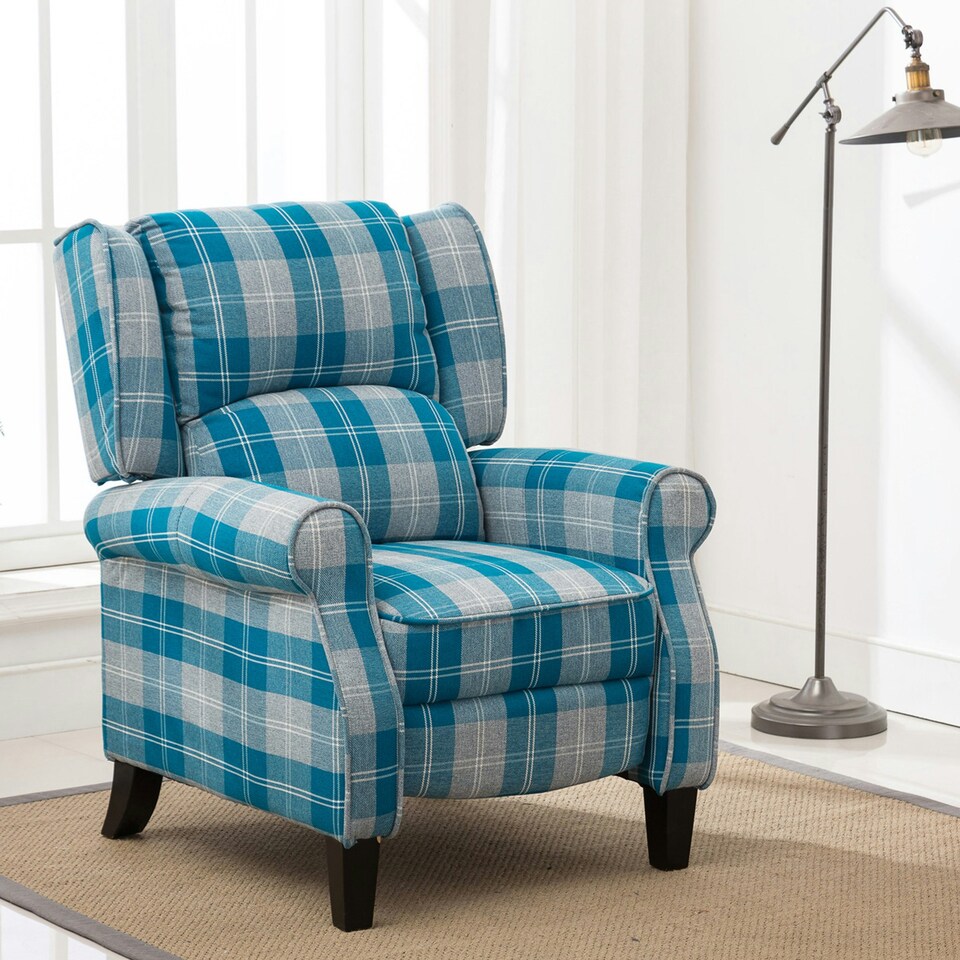 image 1 of Eaton Wing Back Fireside Checkered Fabric Pushback Recliner Chair (Blue)