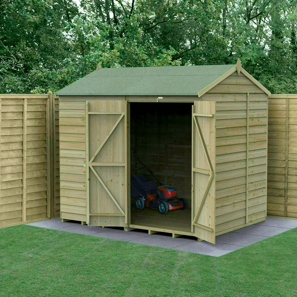 image 1 of Forest Garden 8x6 4LIFE Reverse Apex Shed 25yr Guarantee Overlap Pressure Treated - Double Door - No Windows Brown