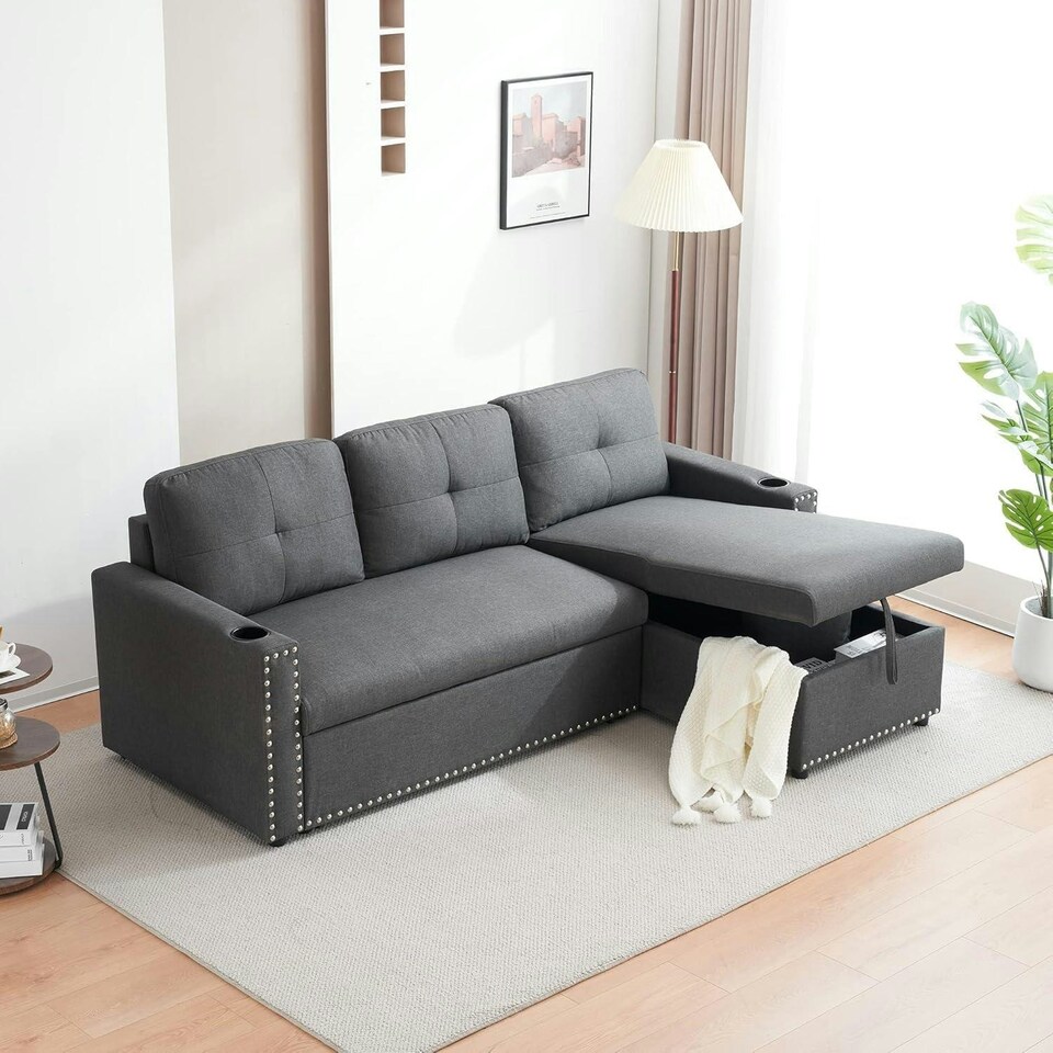 image 1 of Sofabed 3 Seater Reversible Sectional Sofa Sleeper Set with Storage Chaise, Built-in Cupholder, Decorative Rivets, Pull-out Bed, and Light Grey Fabric Grey
