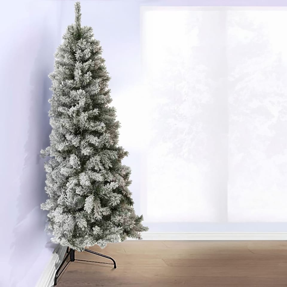 image 1 of Neo 7-Foot Half Slim Xmas Snow Flocked Christmas Tree | Green | Dark Green