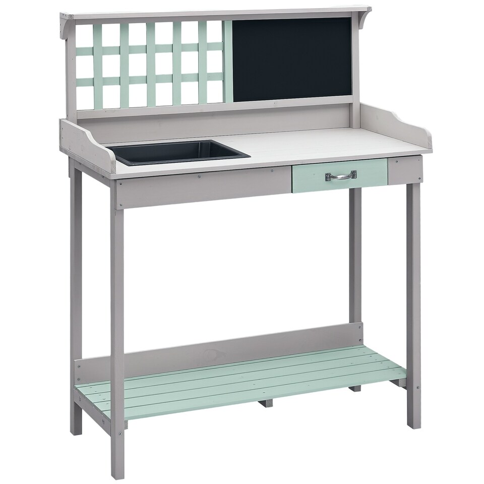 image 1 of HOMCOM Outdoor Potting Table Bench Workstation with Wood Planting Shelves Grey