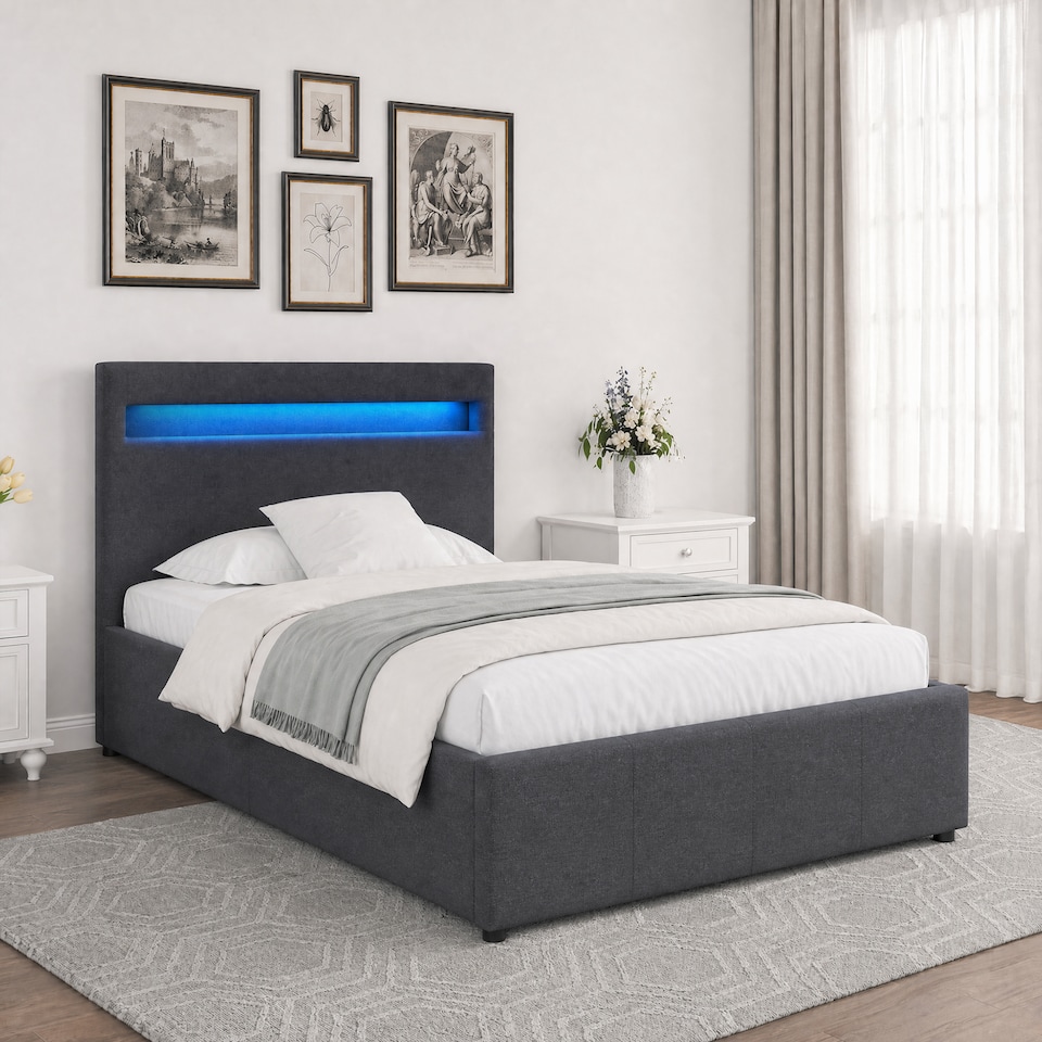 image 1 of 3ft Single Modern Gas Lift Ottoman Bed Frame with LED In Dark Grey