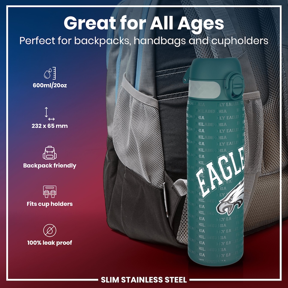image 1 of Leak Proof Slim Water Bottle, Stainless Steel, NFL, 600ml (20oz) | Green | NFL Eagles | One Size