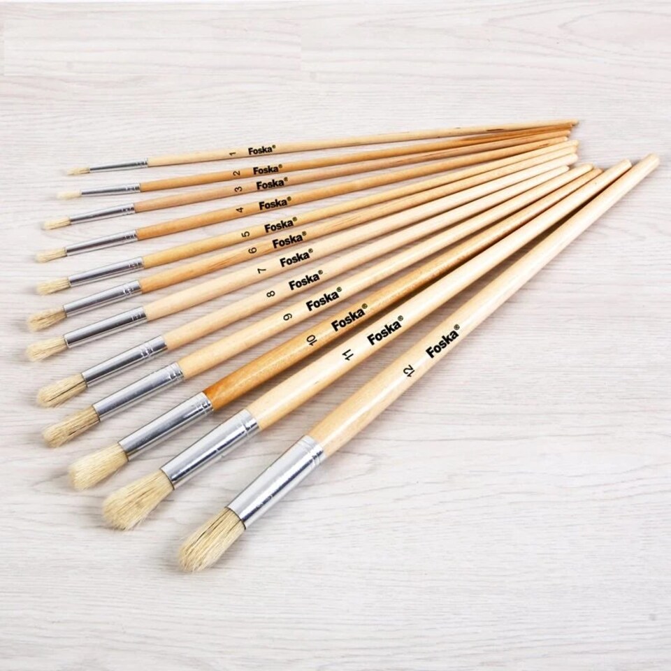 image 1 of Pack of 12 Assorted Size Wooden Round Handle Bristle Hair Artist Paint Brush Set