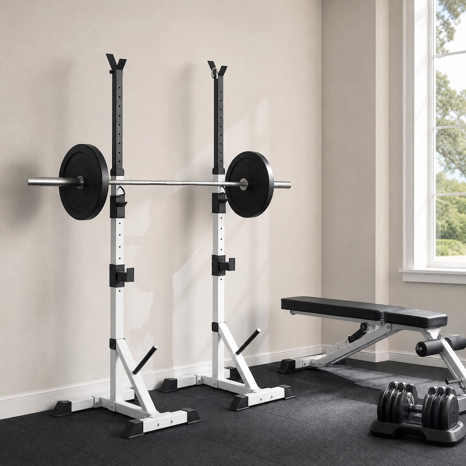 image 1 of HOMCOM Adjust Pair of Barbell Squat Racks Stand Weight Lifting Bench Press Gym